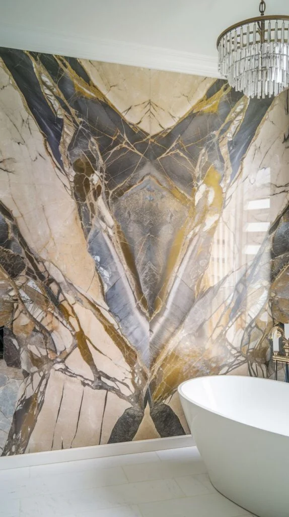Magnificent luxury accent wall made of bookmatched stone, displaying symmetrical veining in gold, gray, and black that converges into a central 'butterfly wing' motif.