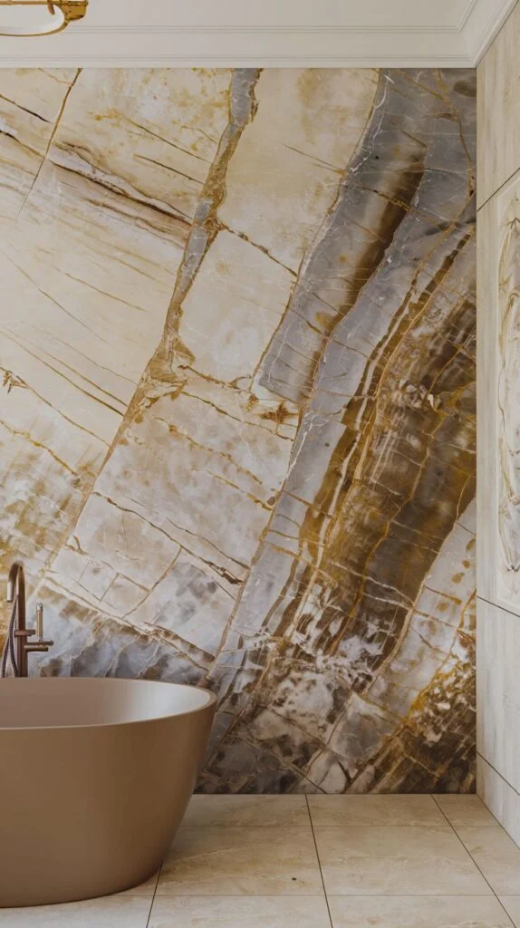 Earth-toned luxury stone slab accent wall featuring strong diagonal cracks and wide bands of beige, white, golden, and gray geological layers.