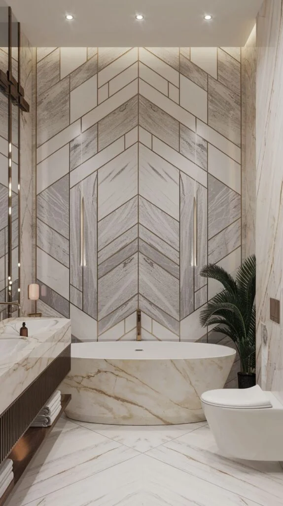Sophisticated luxury accent wall of geometric marble parquetry arranged in chevron patterns, defined and enhanced by fine metallic gold inlays.