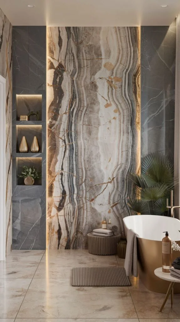 Vertically oriented luxury accent panel made of a thick onyx slab with flowing bands of gold, brown, and gray, highlighted by dramatic vertical backlighting.