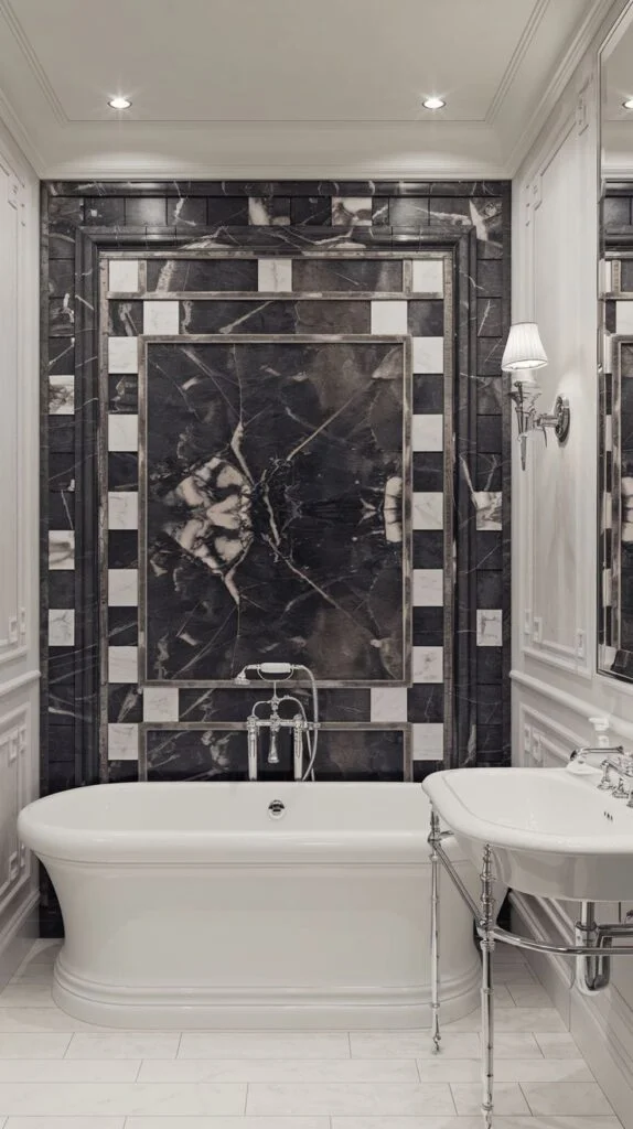 Highly stylized luxury accent panel framing a dark, black marble slab with white veining, bordered by polished silver trim and small contrasting black and white square marble tiles.