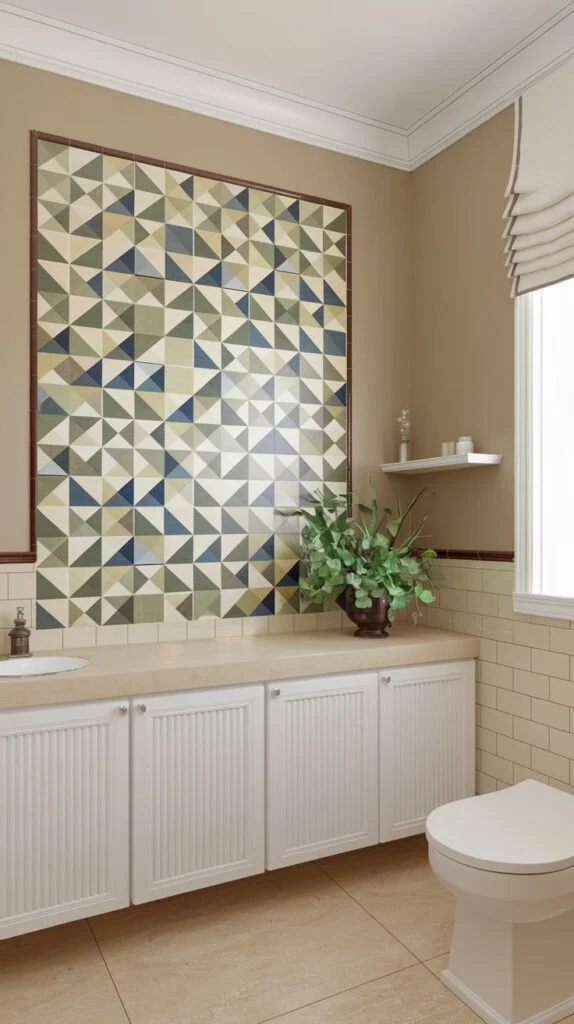 Large, framed luxury accent panel above the vanity featuring a dense, colorful geometric mosaic pattern constructed from small triangles in green, blue, and earth tones.