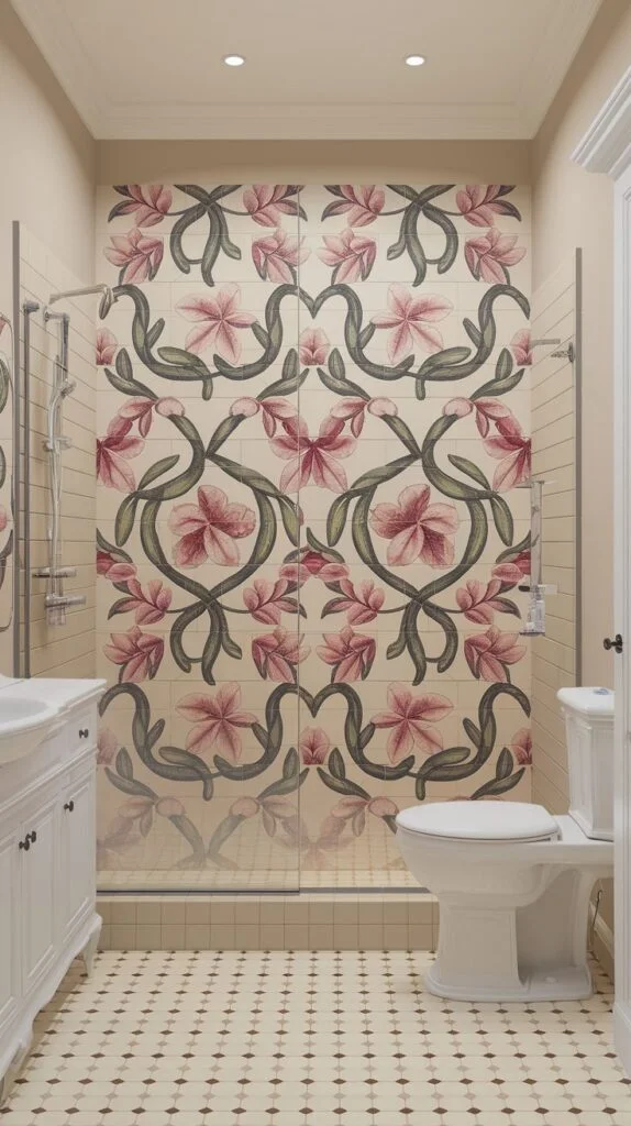 Art Nouveau inspired luxury shower accent wall featuring large tiles with a repeating symmetrical floral motif in soft pink/red and muted green colors.