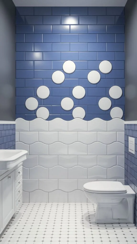 Whimsical luxury accent wall with a lower section of wavy white subway tile wainscoting and an upper section of blue subway tiles decorated with raised white circular elements.