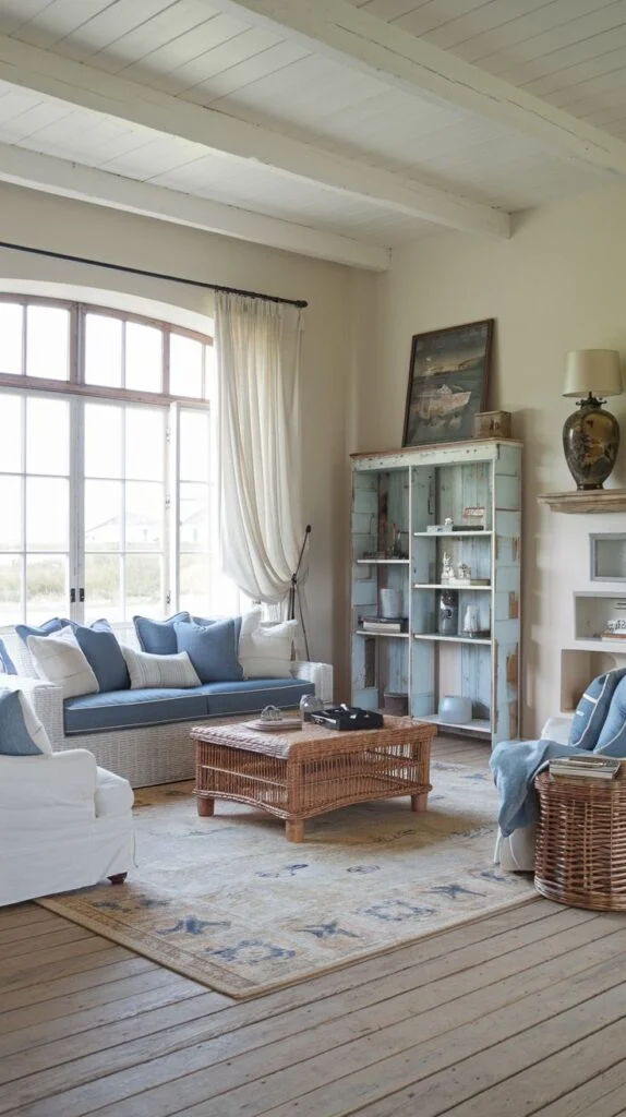 Living room with white slipcovered seating, woven rattan coffee table, wide plank floors, and distressed blue cabinet