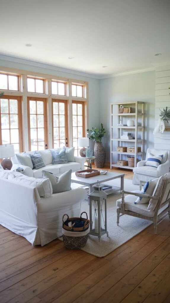 Living room with white slipcovered furniture, light blue walls, wood window frames, and woven baskets