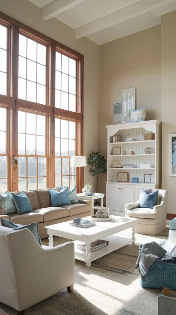 Living room with high ceilings, large grid window, white hutch, neutral armchairs, and blue throw pillows