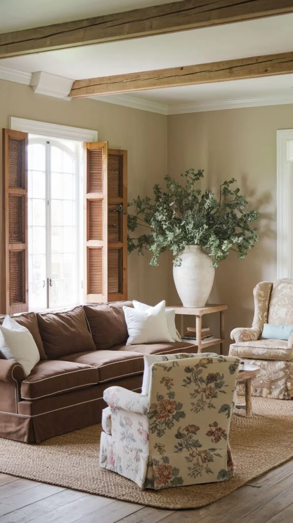 Living room with dark brown sofa, exposed wood beams, plantation shutters, floral armchair, and large white vase with greenery