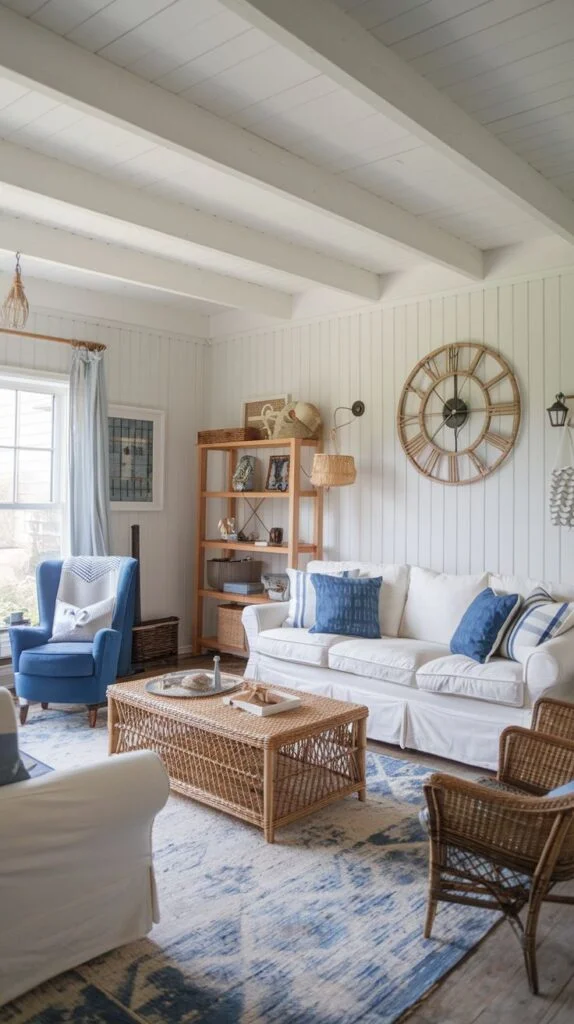 Living room with white shiplap walls, woven rattan coffee table, white slipcovered seating, blue armchair, and rustic wooden clock