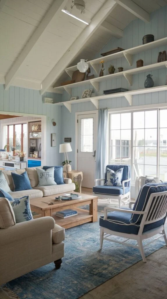 Living room with pale blue shiplap walls, vaulted white beam ceiling, white shelves with corbels, and nautical blue pillows