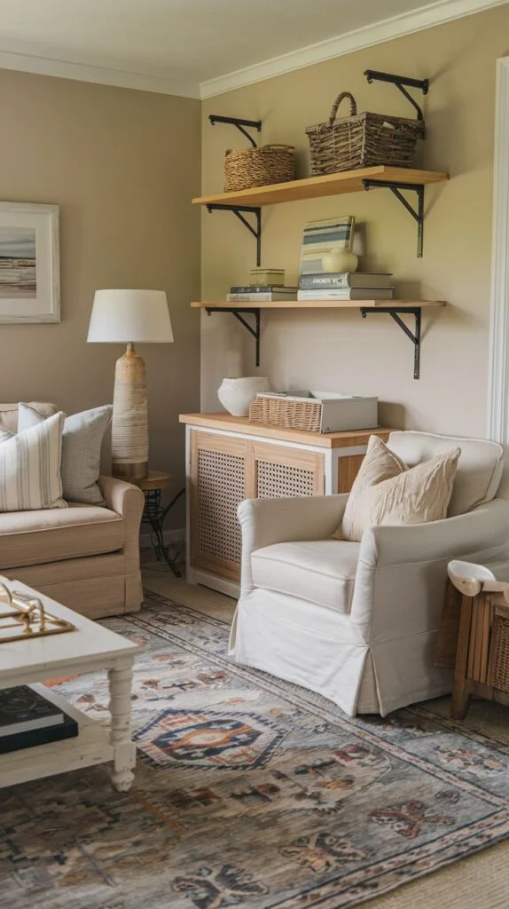 Living room with warm tan walls, layered rugs, rustic wood shelves with metal brackets, cane-front cabinet, and white slipcovered armchair