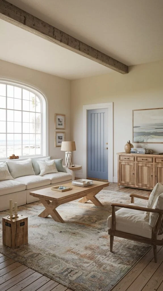 Living room with arched ocean view window, exposed wood beam, white linen sofa, wood coffee table, and blue paneled door