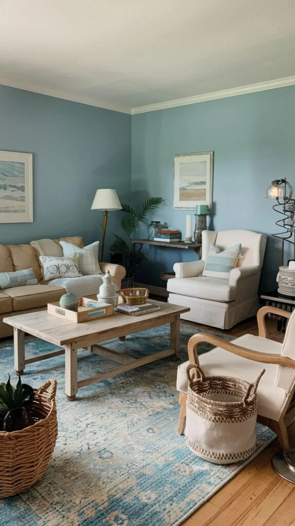 Living room with dusty blue walls, distressed wood coffee table, blue and cream rug, light tan seating, and woven baskets
