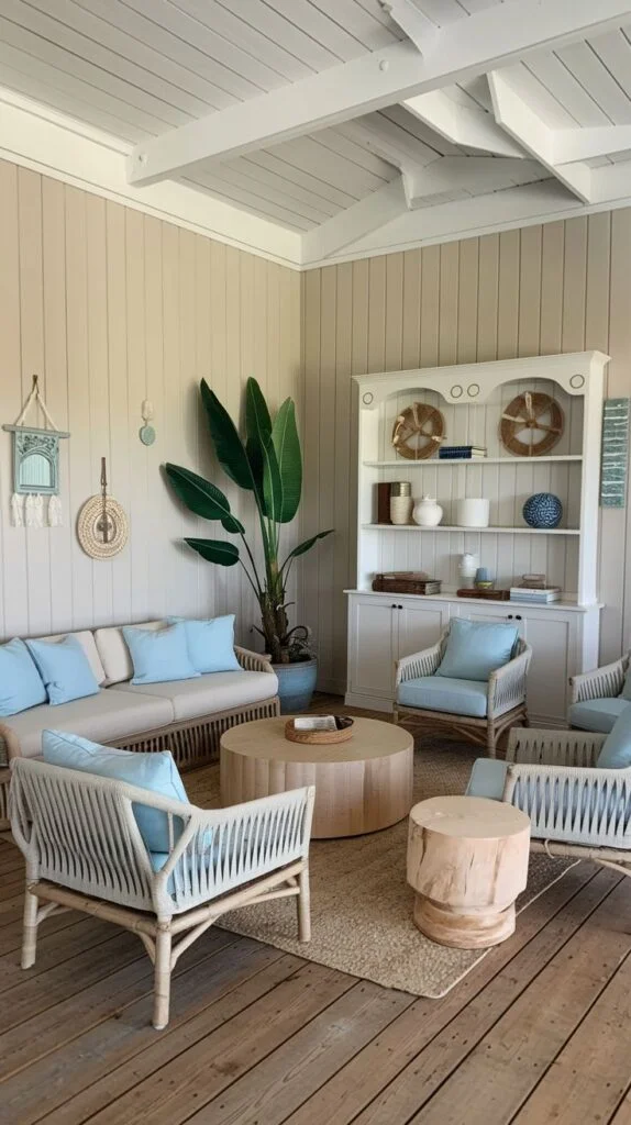 Covered porch with vertical plank walls, white ceiling beams, rattan seating with pale blue cushions, and white hutch