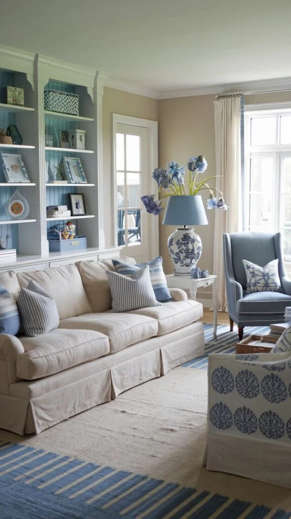 Living room with white built-in bookcases with bright blue backing, neutral sofa, blue and white textiles, and ceramic lamp
