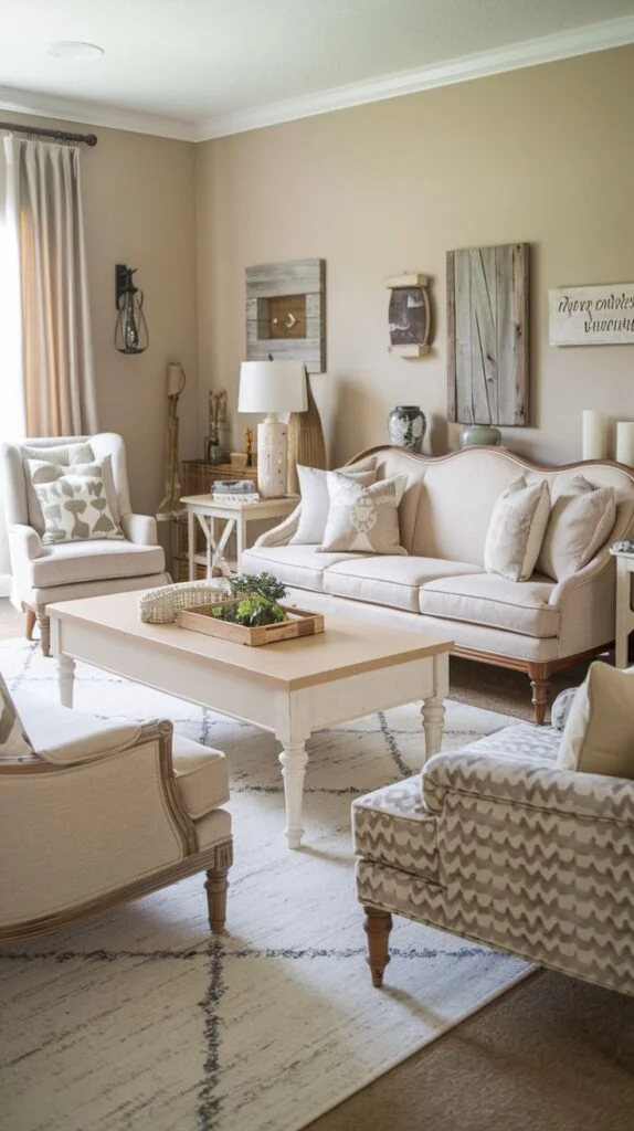 Living room with neutral tailored seating, light wood coffee table with white legs, tan walls, and reclaimed wood plank wall art