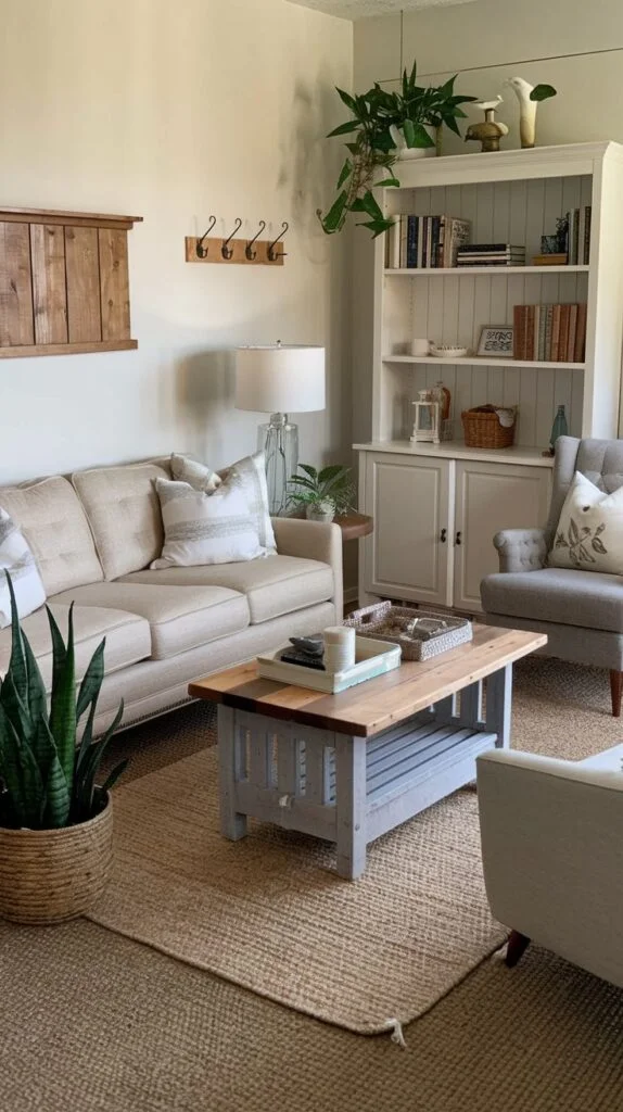 Living room with pale sage green walls, white hutch bookcase, jute rug, tan sofa, and wood top coffee table with blue base