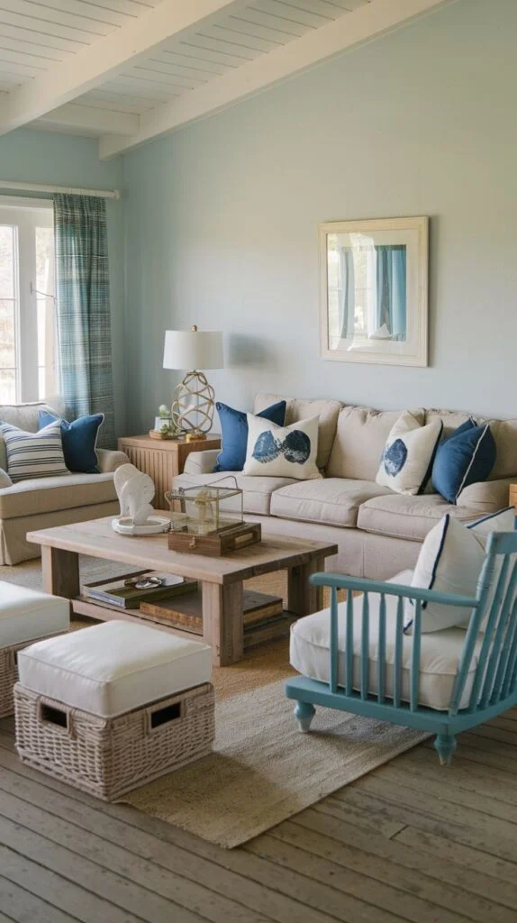 Living room with pale blue walls, beige sofa with navy shell-patterned pillows, and blue slatted accent chair