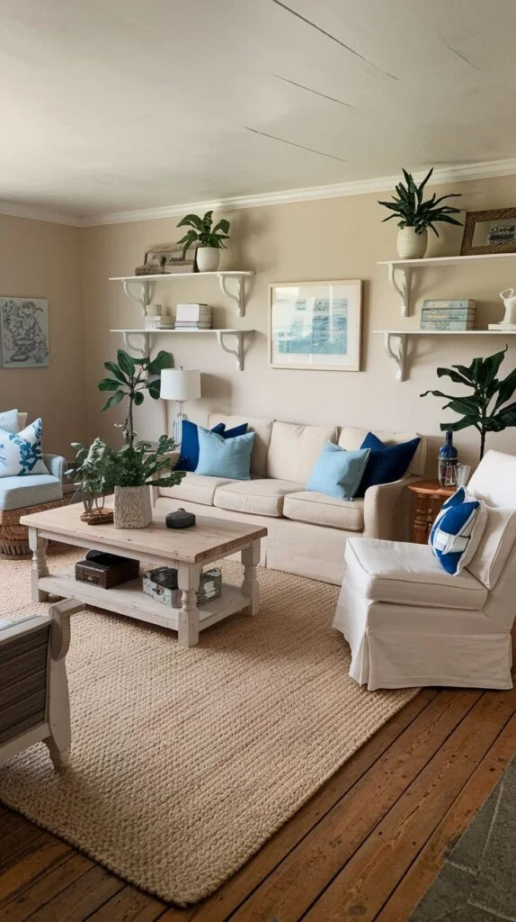 Living room with white floating shelves, neutral sofa, plants, blue artwork, and braided jute rug