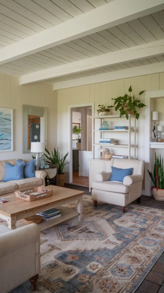 Living room with pale yellow walls, white beam ceiling, neutral seating, and blue/rust patterned rug