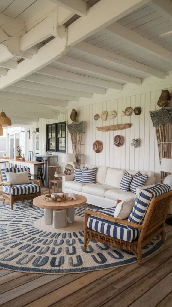 Covered porch with rattan seating, blue and white striped cushions, rustic plank floors, stone coffee table, and nautical wall decor