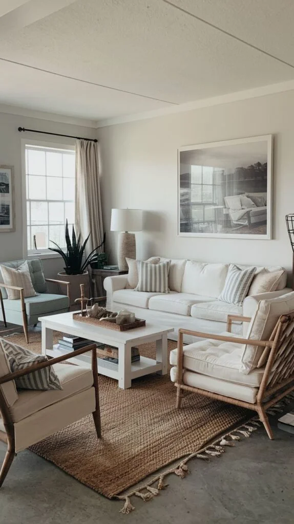 Living room with white sofa and mid-century wood frame chairs, white coffee table, and fringed jute rug