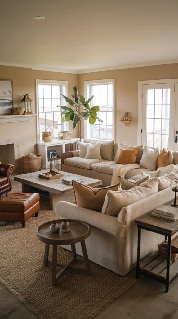 Living room with neutral sectional, ochre pillows, raw wood coffee table, leather ottoman, and woven jute rug
