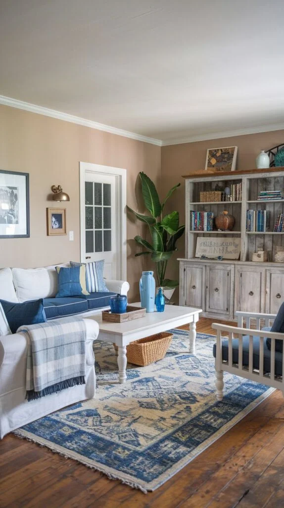 Living room with distressed whitewashed bookcase, white slipcovered sofa, and blue/beige patterned rug