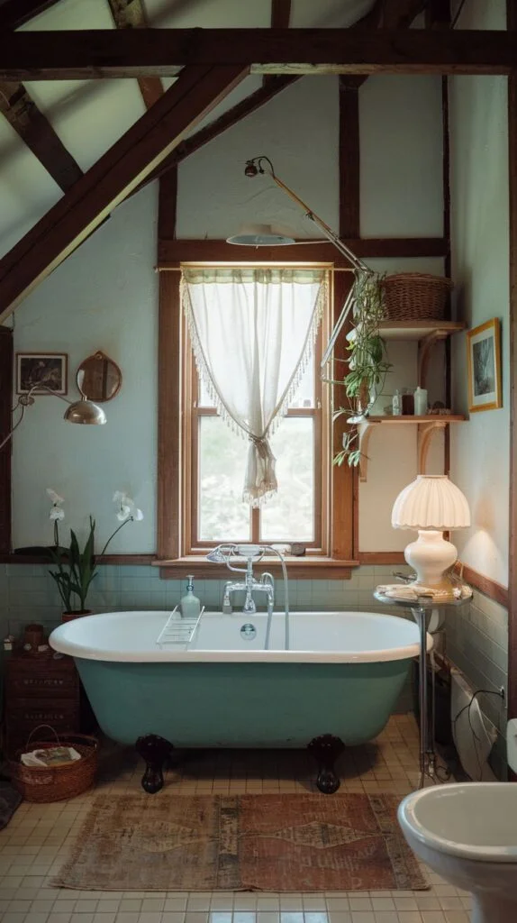 A cozy vintage attic bathroom featuring a beautiful green clawfoot tub under a window draped with delicate sheer curtains. Exposed wooden beams add architectural interest to this unique and inviting space, alongside a toilet and a small rug.