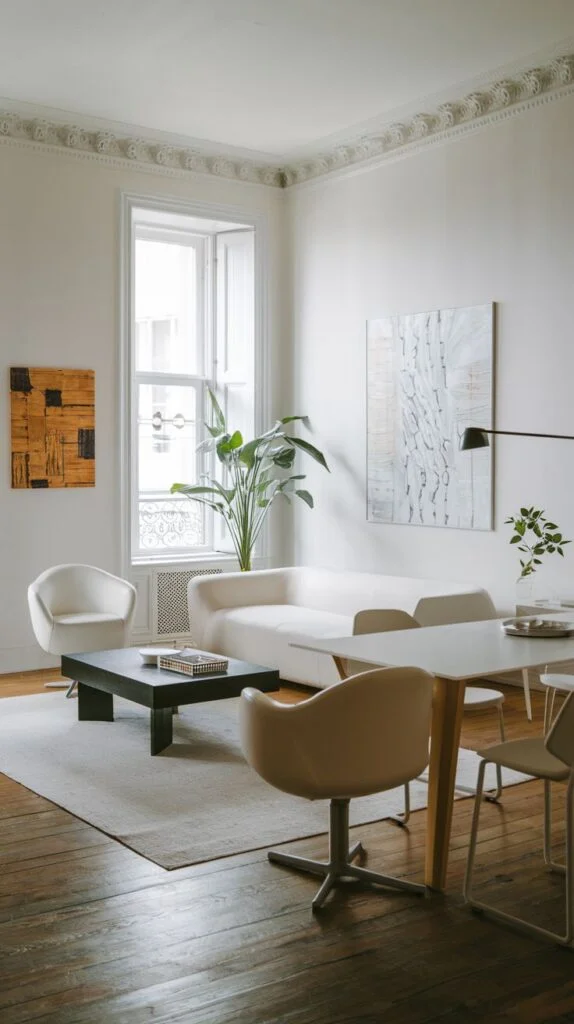 A dazzling bright and spacious living room in an apartment with a white sofa, two white modern armchairs, and a black coffee table. A dining table with white chairs is also visible, and a large window lets in ample natural light, complemented by a tall green plant.