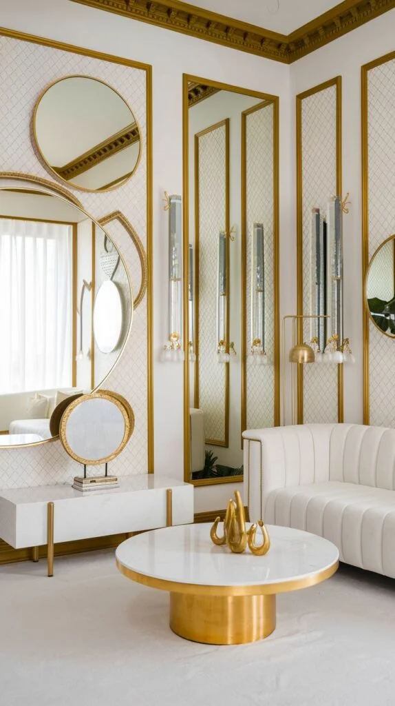 A dazzling luxurious living room in an apartment characterized by intricate gold detailing on the walls and ceiling. Multiple gold-framed mirrors and elegant wall sconces create a grand atmosphere, complementing the white sofa and a white and gold round coffee table.