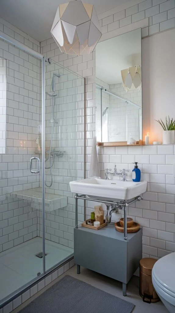 A dazzling clean and modern bathroom in an apartment with white subway tiles covering the walls. It includes a clear glass shower enclosure, a white pedestal sink with a grey vanity underneath, and a large mirror above the sink.