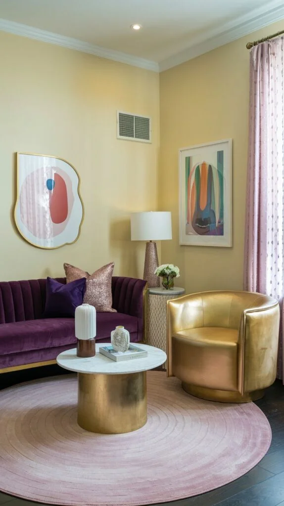 A dazzling opulent living room in an apartment with soft yellow walls. A rich purple velvet sofa, a shimmering gold armchair, and a white and gold round coffee table create a luxurious setting. A pink circular rug ties the seating area together.