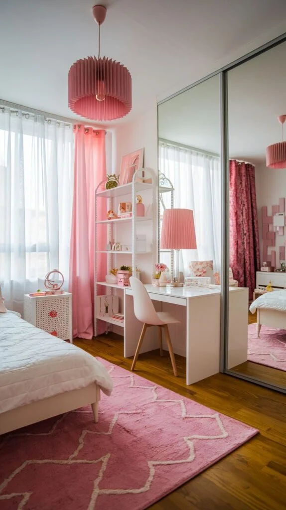 A dazzling pink-themed bedroom in an apartment with white walls and a white bed. A white desk with a pink lamp and shelves holds decorative items, framed by pink curtains. A large mirrored wardrobe reflects the room, and a pink patterned rug adds warmth.