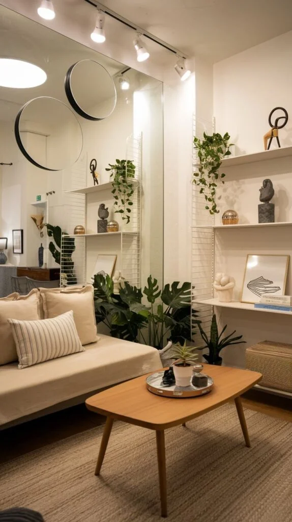 A dazzling contemporary living area in an apartment with a large wall mirror that expands the perception of space. A beige sofa, a light wooden coffee table, and white wall shelves are adorned with numerous vibrant green plants, creating a fresh atmosphere.