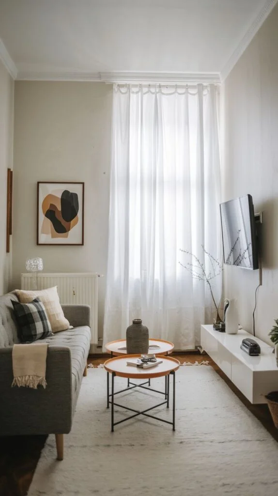 A dazzling compact living room in an apartment with a grey sofa, two small round wooden coffee tables, and a wall-mounted television. Long white sheer curtains cover a large window, and a light-colored textured rug runs the length of the room.