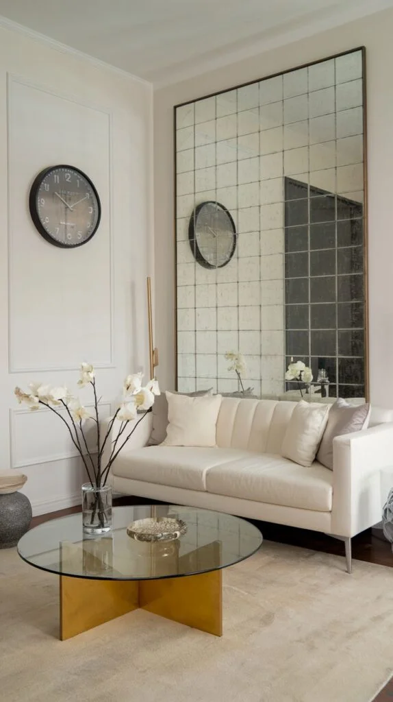 A dazzling sophisticated living room in an apartment featuring a grand, tiled antique-style mirror covering an entire wall. A cream-colored sofa and a round glass coffee table with a gold base are central, complemented by a large wall clock and delicate floral arrangements.