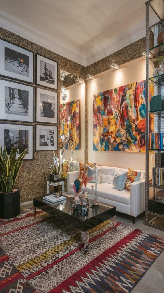 A dazzling artistically rich living room in an apartment with a white sofa, a sleek black coffee table, and two large, vibrant abstract paintings. A geometrically patterned rug in rich colors covers the floor, and a gallery wall of black and white photographs is on the left.