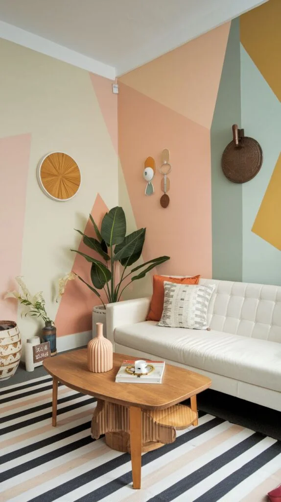 A dazzling playfully designed living room in an apartment with walls painted in a dynamic geometric pattern of various pastel hues. A white sofa, a wooden coffee table, and a striped rug create a bright and inviting space, enhanced by a tall green plant.