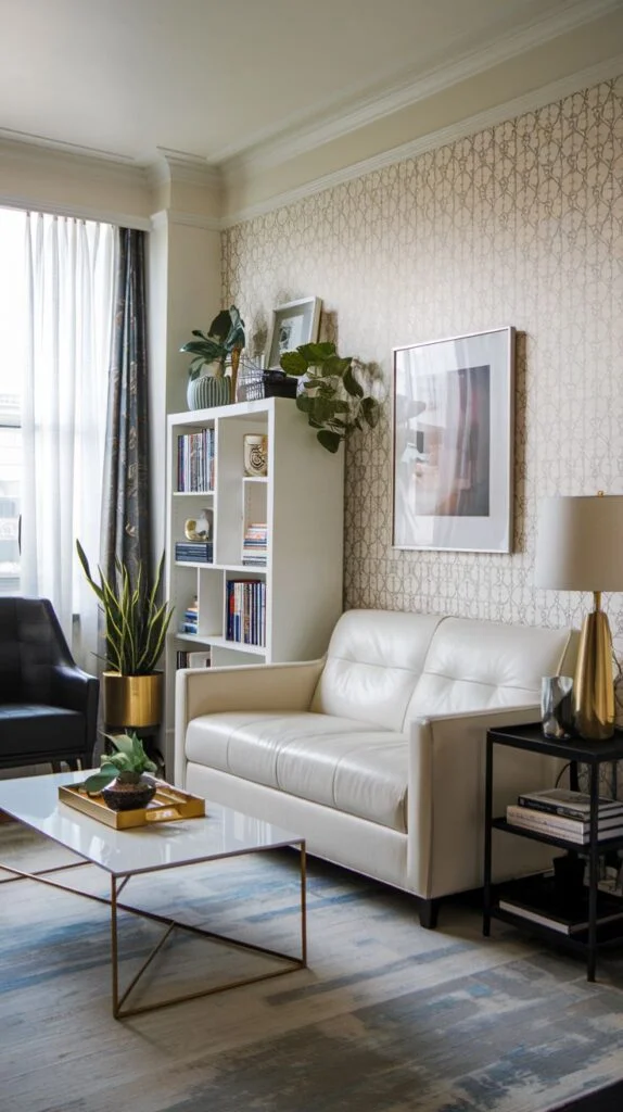 A dazzling elegant living room in an apartment featuring subtly patterned wallpaper. A white sofa, a white marble-top coffee table, and a tall white bookshelf are present. A gold lamp and various plants contribute to the refined ambiance.