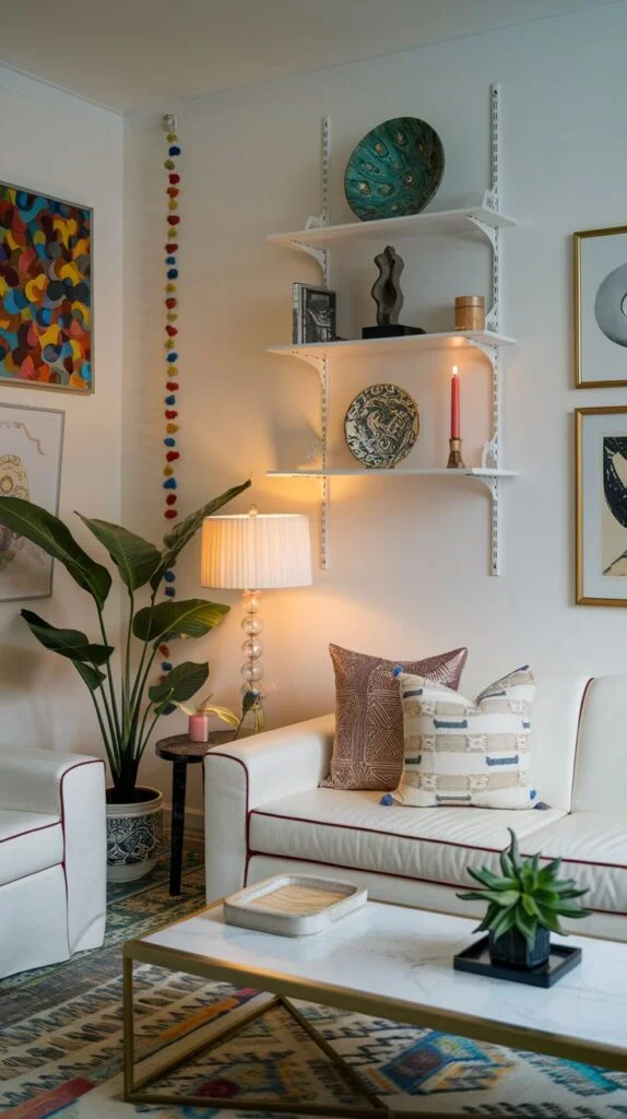 A dazzling eclectic living room in an apartment with a white sofa, a white marble coffee table, and white wall-mounted shelves displaying diverse decorative items. A tall green plant, a colorful pom-pom garland, and vibrant pillows add to the cheerful atmosphere.