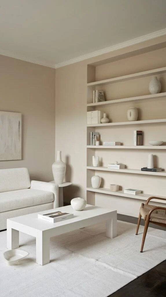 A dazzling minimalist living room in an apartment with soft beige walls and a simple white sofa. A long, rectangular white coffee table sits on a light-colored rug, and a built-in wall unit provides shelving for minimalist decor.