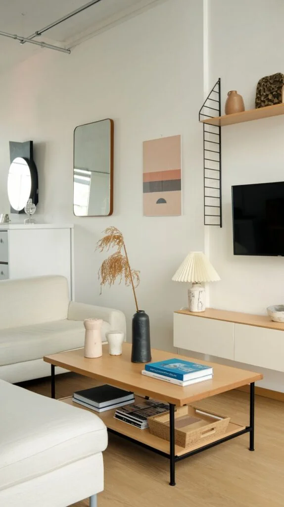 A dazzling modern living room in an apartment with white walls. It features a clean white sofa, a light wooden coffee table with a black metal frame, and a wall-mounted television. A rectangular mirror and abstract artwork decorate the walls, and a pleated lamp sits on a white media console.