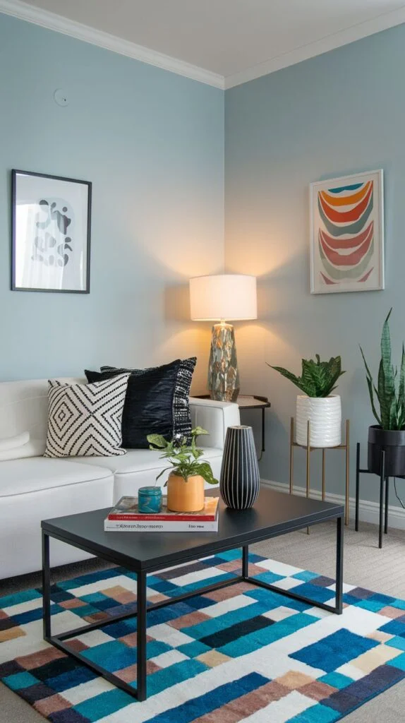 A dazzling modern living room in an apartment with soothing light blue walls. It includes a white sofa, a black coffee table, and a vibrant geometric rug in shades of blue and brown. Multiple potted plants add freshness to the corner.
