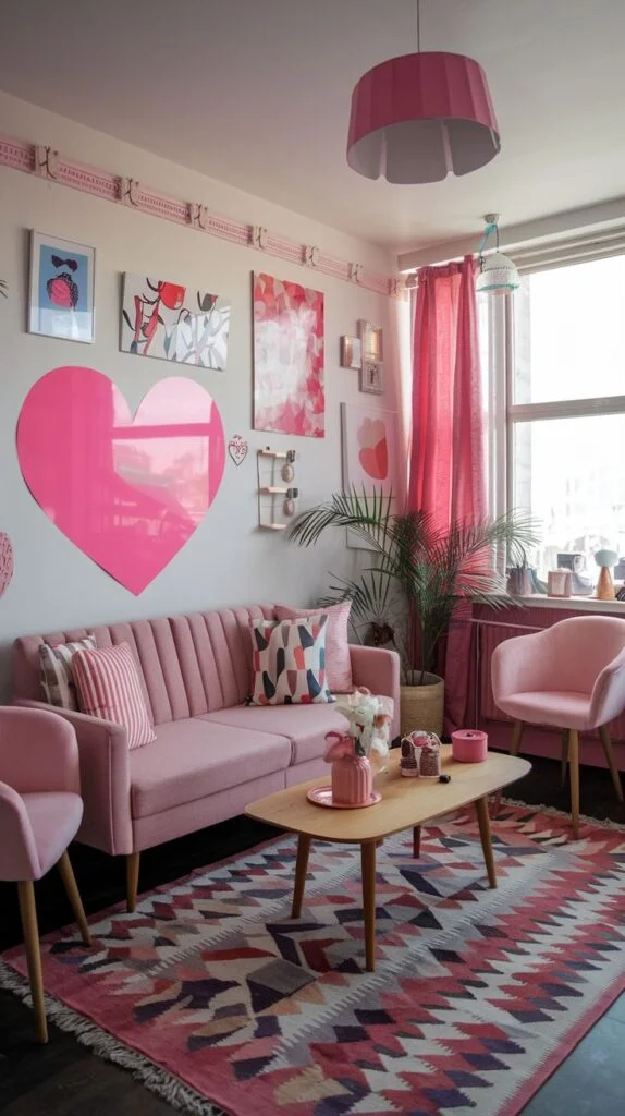 A dazzling pink-themed living room in an apartment featuring a pink fluted sofa, two matching pink armchairs, and a light wooden coffee table. A large pink heart-shaped mirror serves as a prominent focal point, complemented by pink curtains and a patterned rug.