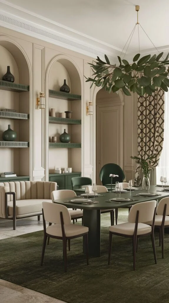 Contemporary French dining room with green built-in shelves, dark green oval table, cream chairs, and leafy chandelier