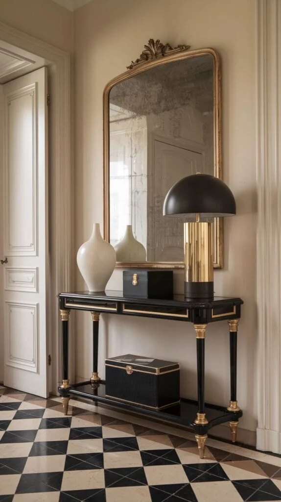 French foyer with black and white checkered floor, black console with gold accents, and ornate mirror