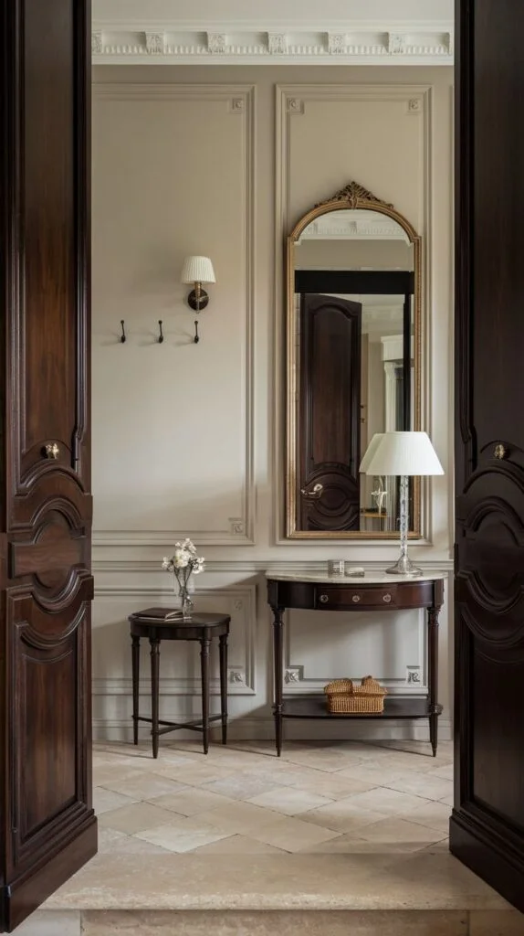 French entryway with tall dark wood doors, light wall paneling, gold-framed mirror, and traditional console