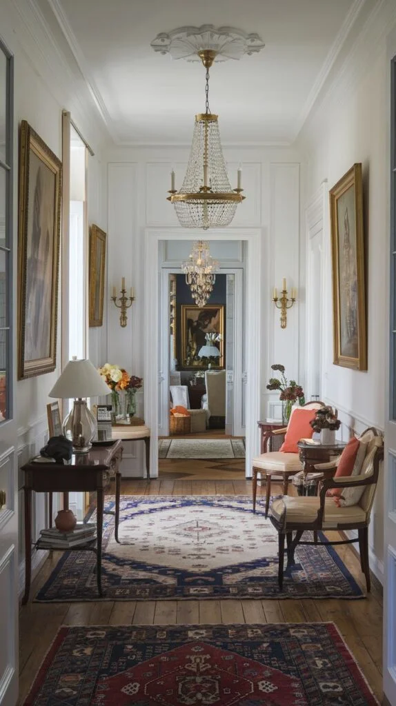 French hallway with ornate ceiling plasterwork, patterned floor tiles, gold-framed mirror, and dark wood console