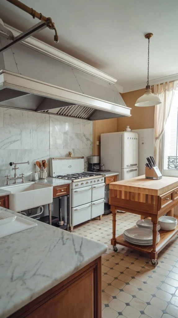 French kitchen with classic range cooker, marble countertops, farmhouse sink, butcher block island, and patterned floor tiles